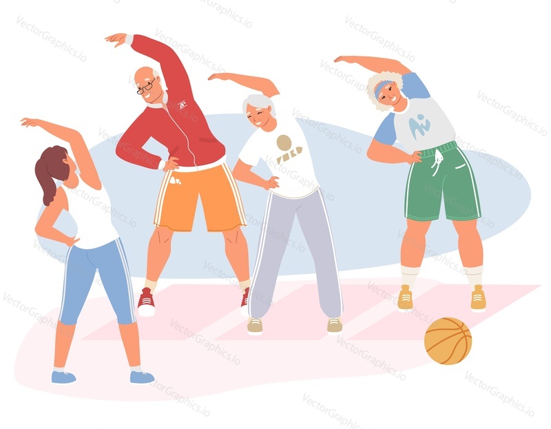 Staří lidé dělají cvičení s trenérem vektoru. Zdravá aktivní starší Babička a dědeček si užívají gymnastický trénink cvičení ilustrace