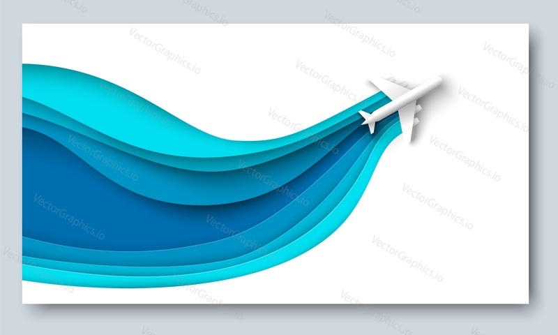 Papír řezané letadlo na obloze vektorové cestovní banner. 3D ilustrace létání letadlem. Letecký cestovní ruch kreativní origami plakát. Dobrodružství a cesta, cestování leteckou dopravou. Šablona návrhu letenky