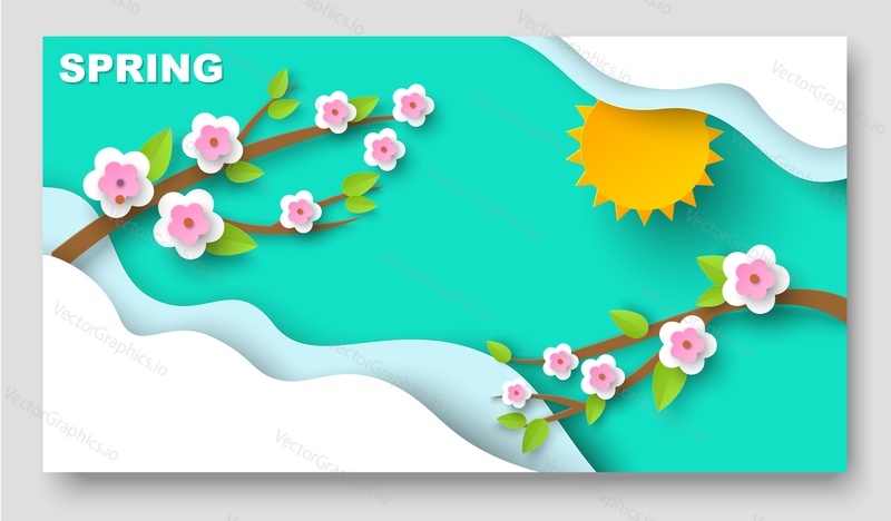 Jarní papír řez banner 3D vektor. Květinové pozadí. Origami květ květ na větvi a slunné nebe designu. Craft plakát, slavnostní karta, abstraktní pozdrav vzor. Sezóna ornament šablona