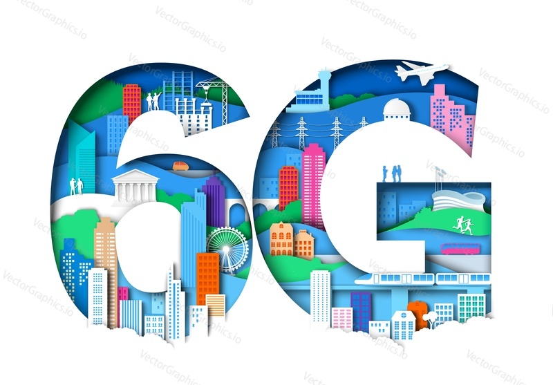 Вектор сетевой технологии 6g. Высокоскоростное беспроводное соединение. Концепция цифровой коммуникации, телекоммуникаций и глобального Интернета. Плакат с креативным номером и дизайном городского пейзажа