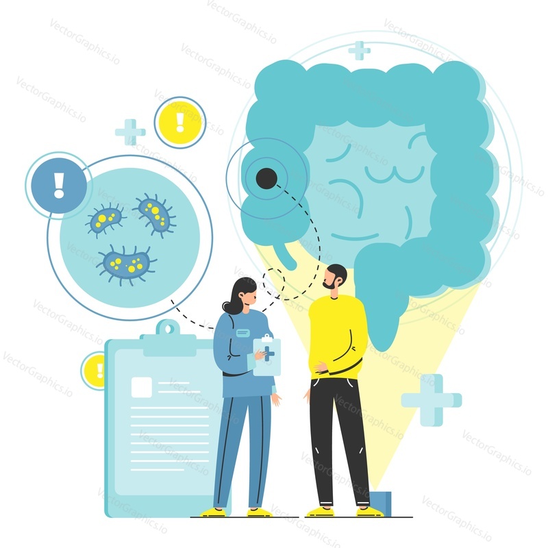 Doctor consulting patient with stomach ache vector. Flora gut and gastrointestinal tract examination. Online consultation and telemedicine. Laboratory test and treatment prescription