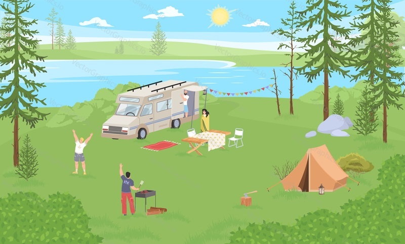 Přátelé v kempu vector. Lidé venku piknik v kempu na přírodu. Muž a žena přívěs karavan odpočinku na břehu řeky v lese. Cestování ve víkendové aktivitě ilustrace