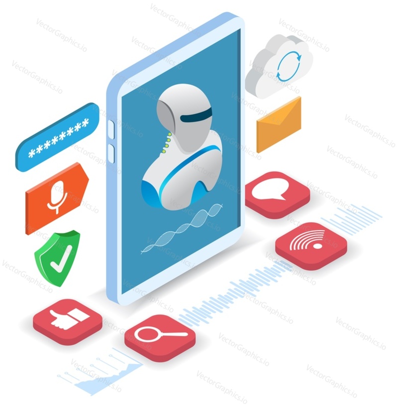 Chat bot vector. AI mobile robot, phone artificial technology for conversation in messenger. Virtual support and smart user help illustration