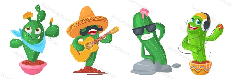 Funny cactus character vector cartoon illustration. Kawaii cacti in pot and natural flower set. Cute smiling emoticon isolated on white background. Prickly floral houseplant and wild succulent