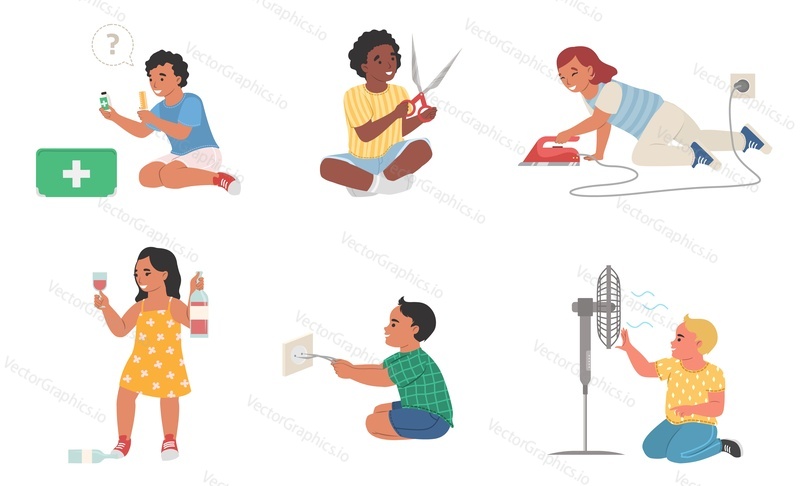 Kids in dangerous situations isolated vector set. Children playing with pills, sharp objects, electric home appliance, alcohol