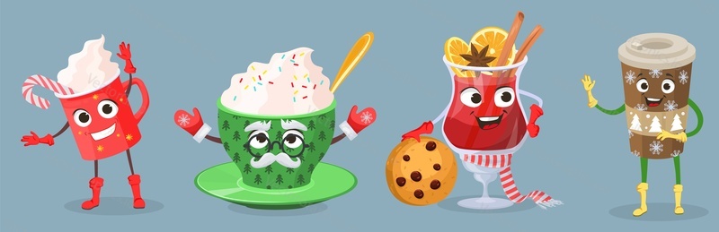 Funny hot winter drink character vector set. Hot chocolate, coffee, cocoa with whipped cream and marshmallow, mulled wine isolated illustration. Different seasonal sweet cocktail