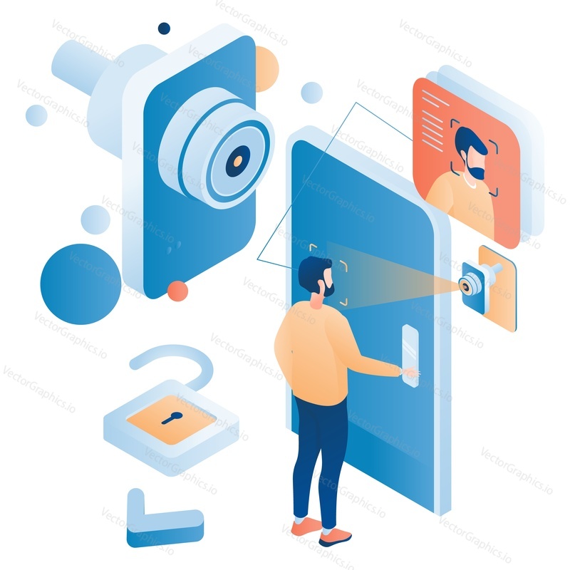 Вектор системы распознавания лиц. Технология биометрической аутентификации по лицу. Персонаж человека сканирует голову, пытаясь получить доступ