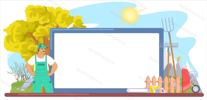 Garden banner. Gardener and work tools around billboard with empty copy space for advertising. Gardening service vector illustration