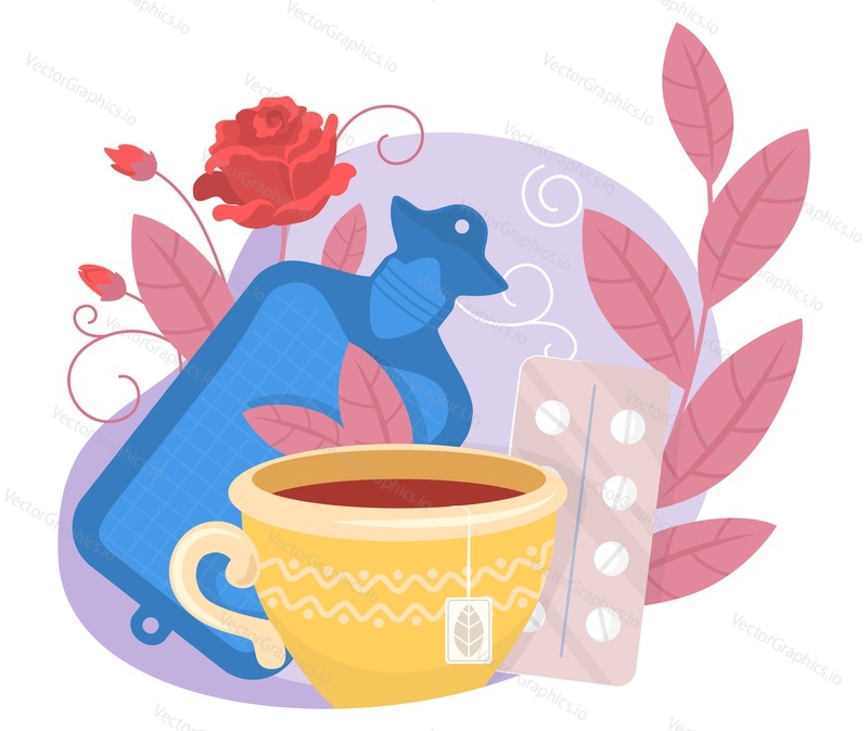 Pills, heating pad, tea first aid for woman having premenstrual syndrome period problem vector illustration. Gynecology, healthcare and hygiene concept