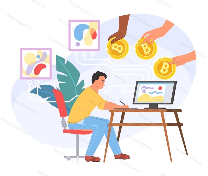 NFT artist illustration. Crypto art vector. Vytváření aktiv pro marketplace. Ruka dává peníze token bitcoin. Digitální aukce, metaverse a online obchodní koncept