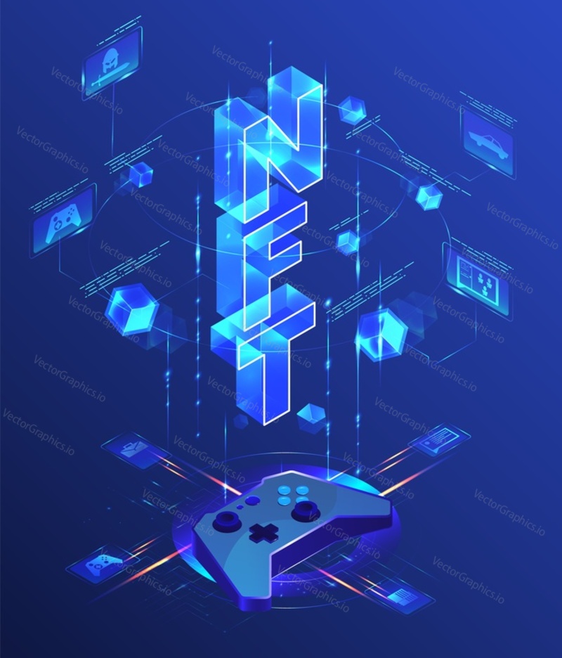 Video game nft vector. Crypto token marketplace. Non-fungible asset and blockchain technology concept. Gamepad and futuristic tech block design