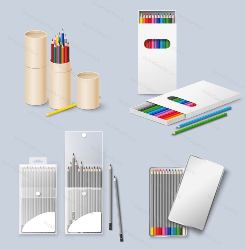 Color pencil box of different shape and form set. Realistic wooden drawing tool packaging design. Advertising and branding
