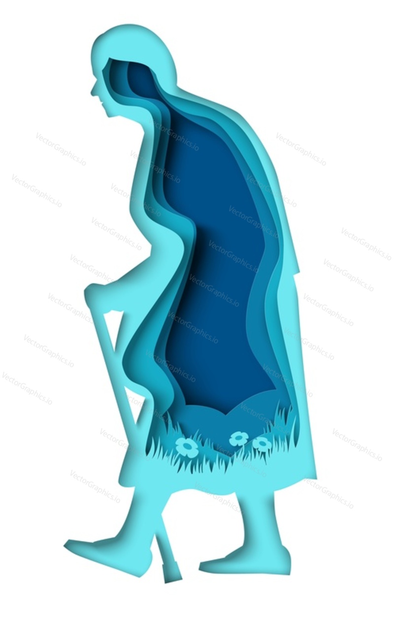 Old woman silhouette vector. Senior female with cane walking paper cut illustration. Aged people origami icon. Elderly citizen craft symbol. Retirement, pension and support concept
