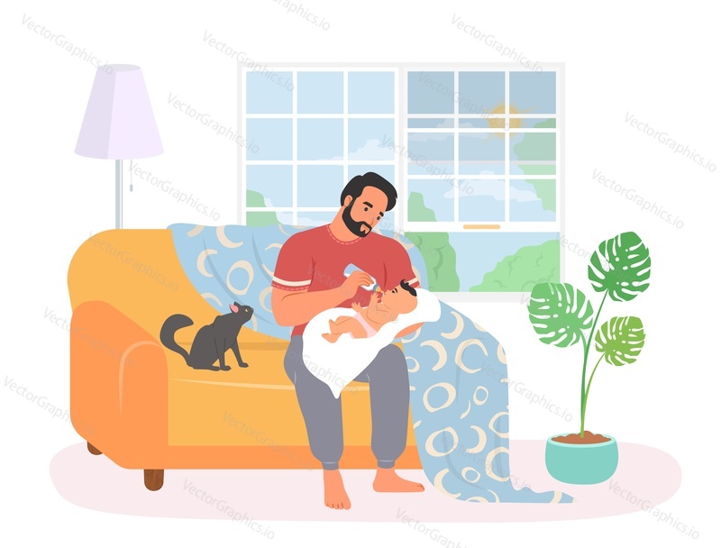 Otec krmení novorozené dítě s balené mléko vektoru. Kreslený muž drží dítě dítě sedí na pohovce doma ilustrace. Otcovství a otcovství. Mladý táta tráví čas s dítětem