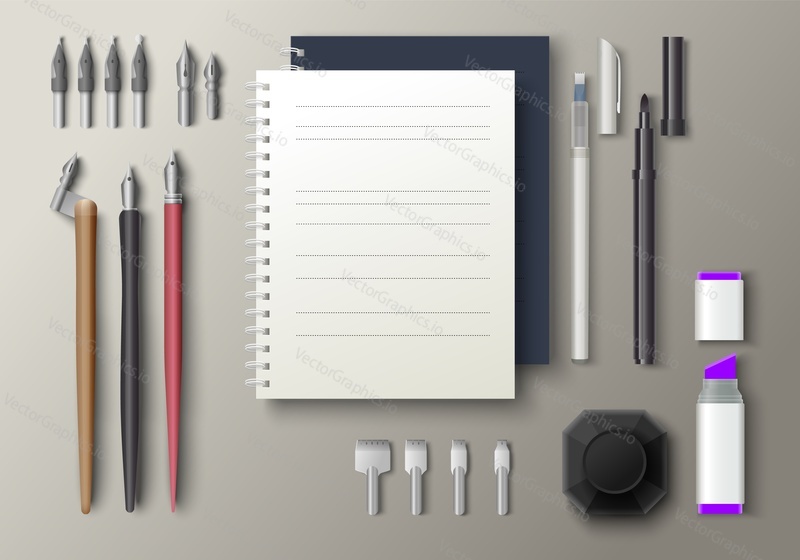 Set of tools for hand lettering and calligraphy vector. Calligraphic essentials as brush pen, notebook, nibs and nib holder, pencil, ink, marker, eraser. Art supplies illustration