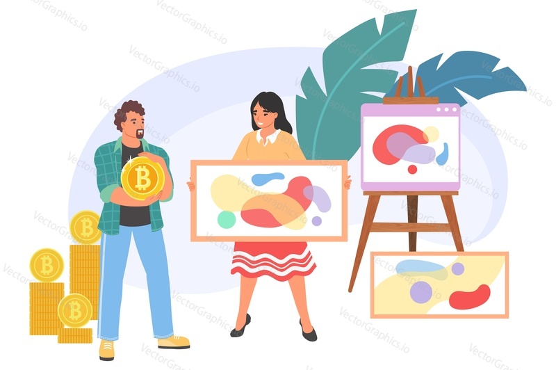 Digitální aukce umění NFT ploché vektorové ilustrace. Nezaměnitelný tokenový trh, nezaměnitelný prodej a nákup jednotek. Muž a žena se dohodnou. Blockchain, kryptoměna bitcoin a digitální řemeslo