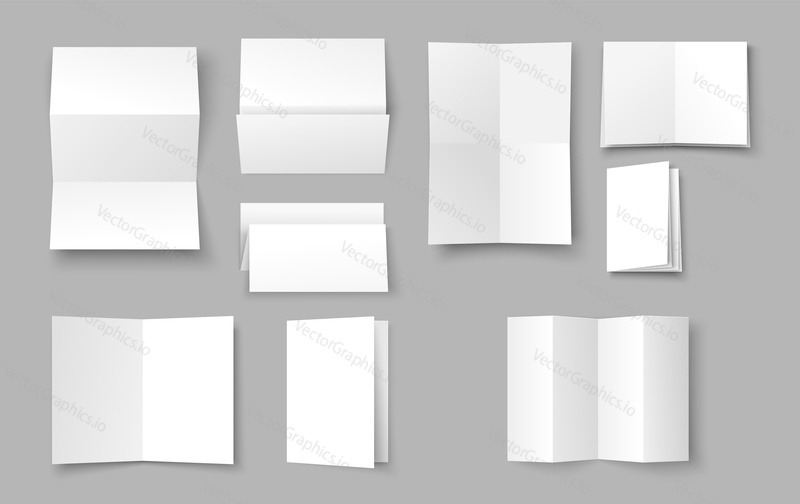 Empty white folding paper with copy space vector set. Realistic leaflet, brochure or booklet blank template. Advertising design element