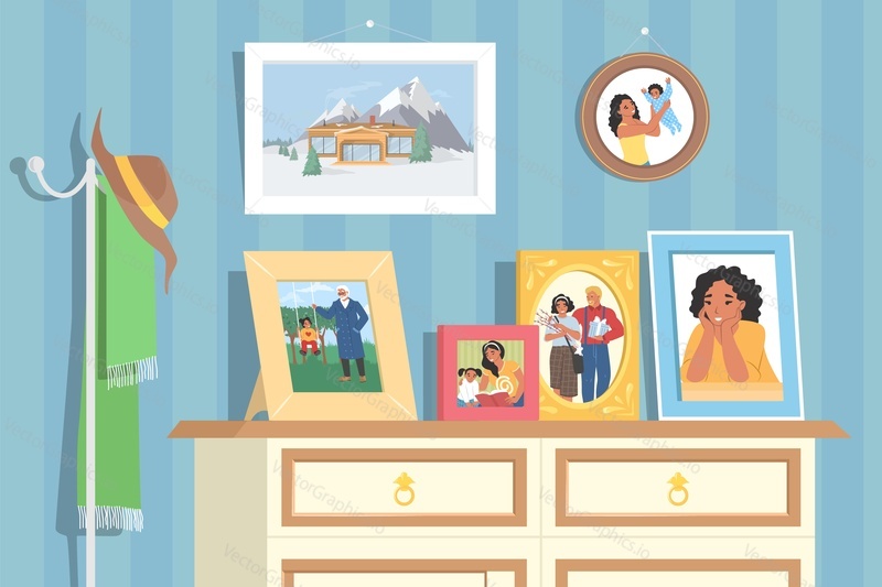 Photo frame on table flat vector. Picture with grandparent, children, family portrait on shelf. Home apartment design interior. Memory photography illustration