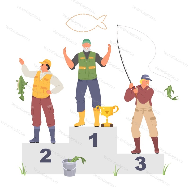 Векторная иллюстрация соревнования рыбаков. Рыбак держит в руках приз sport trophy award. Достижение победителя на соревнованиях по рыбной ловле. Турнир по хобби и чемпионату