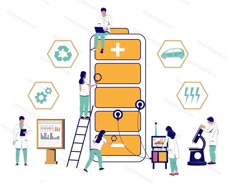 Battery test, organic energy generation vector. Scientist team providing new technology, checking power capacity. Ecology and alternative renewable electric sources concept