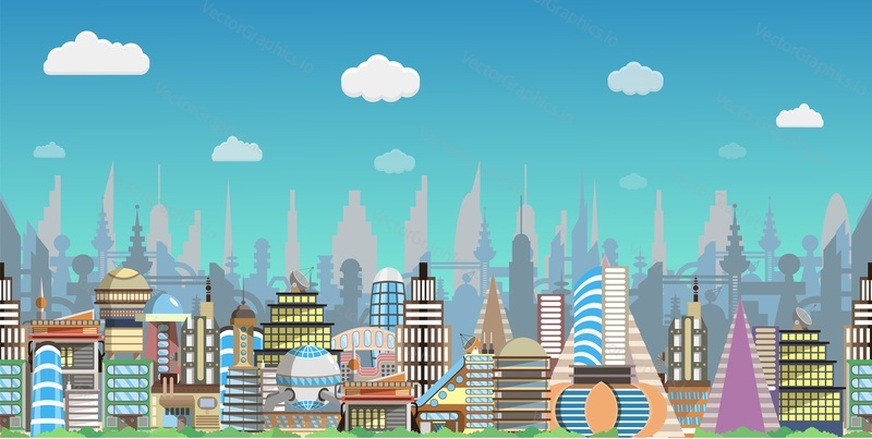 Budoucí město bezešvé vektor. Panoráma města s budovou. Moderní městské panorama pozadí. Scéna mrakodrapu. Průmyslové panorama. Futuristické město ilustrace