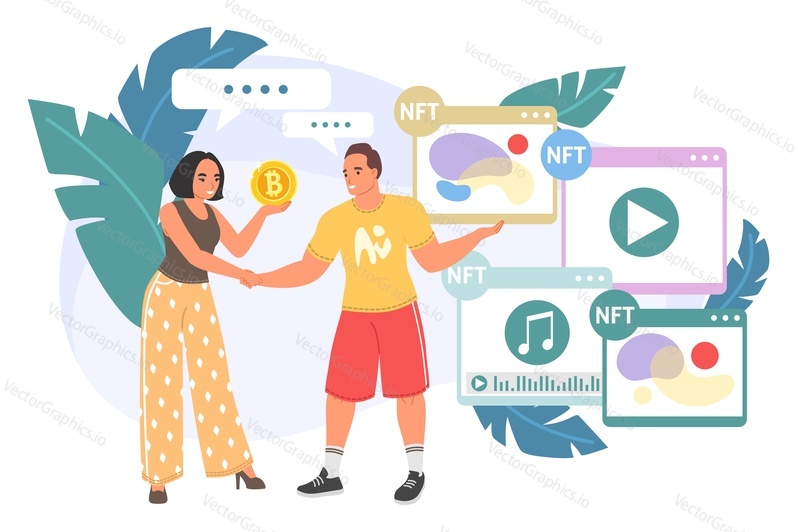 Žena nákup NFT umění s bitcoin vektoru. Man artist nabízející krypto aktiva pro aukční ilustraci. Blockchain, kryptoměna bitcoin a digitální umění