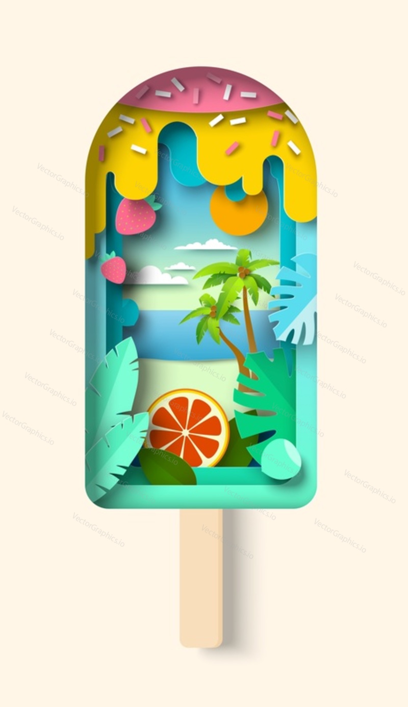 Ice cream vector. Paper cut design. Summer food, beach dessert art style. Vacation and travel symbol. Cold frozen sweet meal. Craft origami
