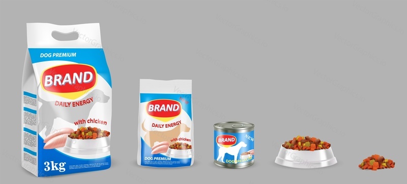 Dog food in pack and bowl vector realistic illustration. Paper bag, tin can and dish with meal for puppy. Brand advertising design element