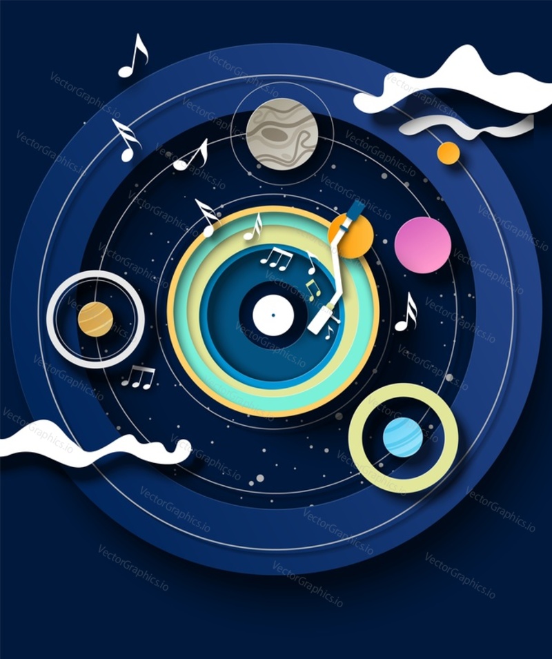 Music vector with vintage vinyl disc and notes. Musical paper cut illustration. Cover template, banner layout or advertising poster