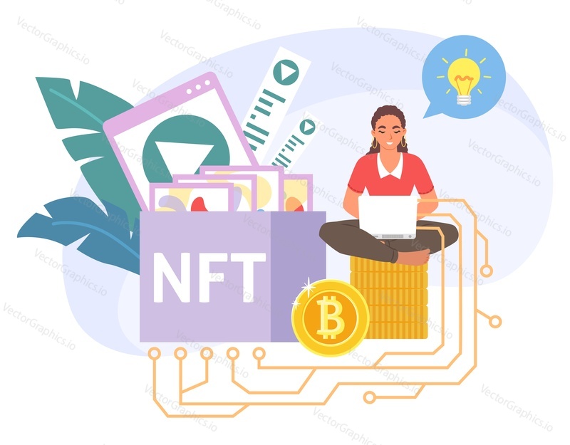 Žena NFT umělec portrét ploché vektorové ilustrace. Dívka, která má nápad vytvářet krypto umělecká aktiva pro aukční prodej. Blockchain, bitcoinová kryptoměna a koncept digitálního trhu
