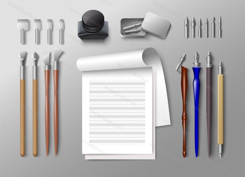 Calligraphy collection. Vector old ink fountain pen with nibs and tools set for writing. Calligraphic essentials and art supplies illustration