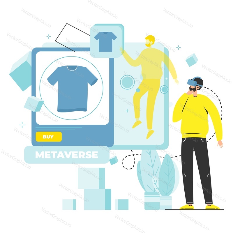 Vektor Metaverse. Muž na sobě VR headset koupit NFT digitální aktiva pro charakter ve virtuálním světě ilustrace. Blockchain a nezastupitelný token
