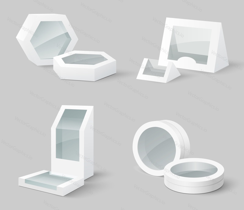 Realistic cardboard package box isolated vector set. Paper gift, tea, cookies or candy pack template with transparent window. Mockup for advertisement and brand promotion