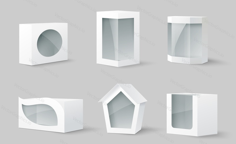 White cardboard package box with transparent window set. Realistic vector 3d paper gift pack or carton container ready for branding design