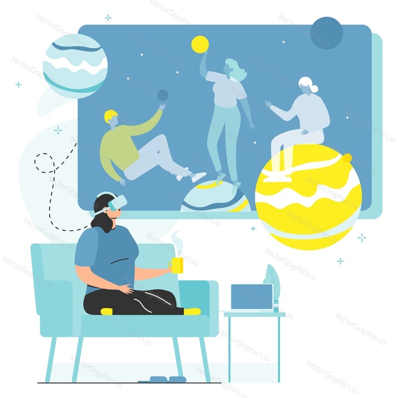 Vektor Metaverse. Budoucí technologie ilustrace. Žena pomocí VR headset pro hru nebo podnikání. Futuristická inovace, virtuální prostor pro práci a komunikaci