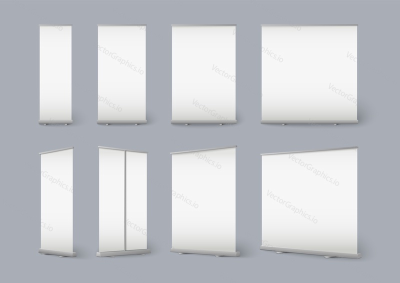 Venkovní prázdný banner realistické vektorové maketa izolované set. Reklamní stojan šablona, promo street plakát rám pro propagaci značky marketing. Prodej zobrazení ilustrace