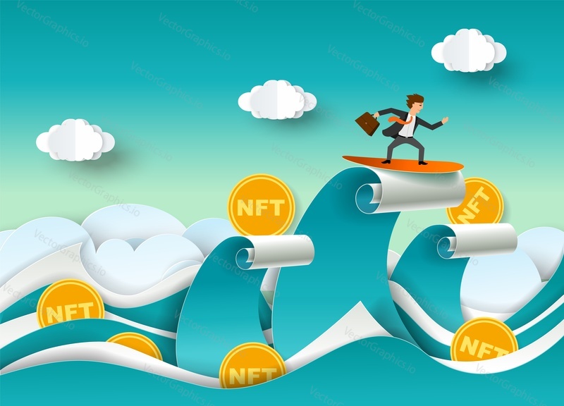 Úspěšný podnikatel surfování NFT token wave vector. Crypto umění pro podnikání. Ilustrace v papírovém stylu