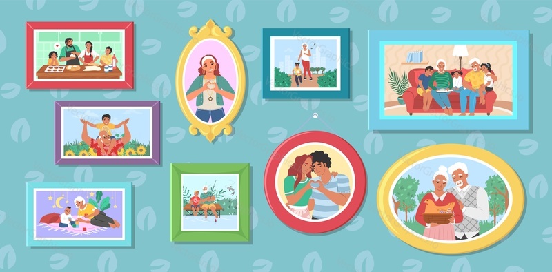 Photo frame on wall home interior vector illustration. Picture photography collection background. Family gallery for good vibes and memory. Relatives portrait