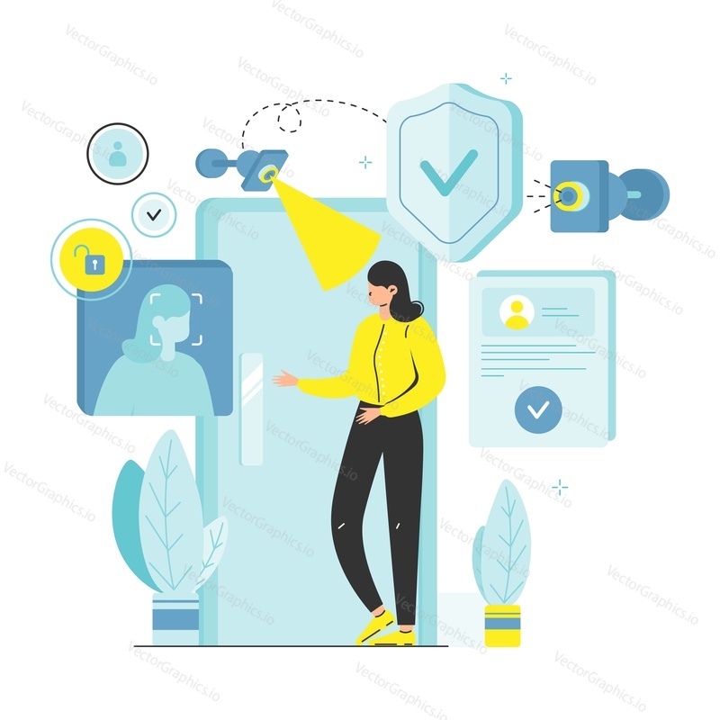 Face recognition touch Free security access control vector. Technologie skenování a určování identity osoby. Domácí ochranný systém pro inteligentní dům