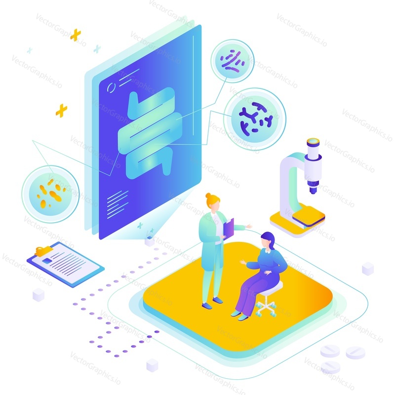 Intestine health and gut flora online vector. Bacterium and digestion diagnosis. Remote doctor appointment and patient examination. Digestive system health and telemedicine concept