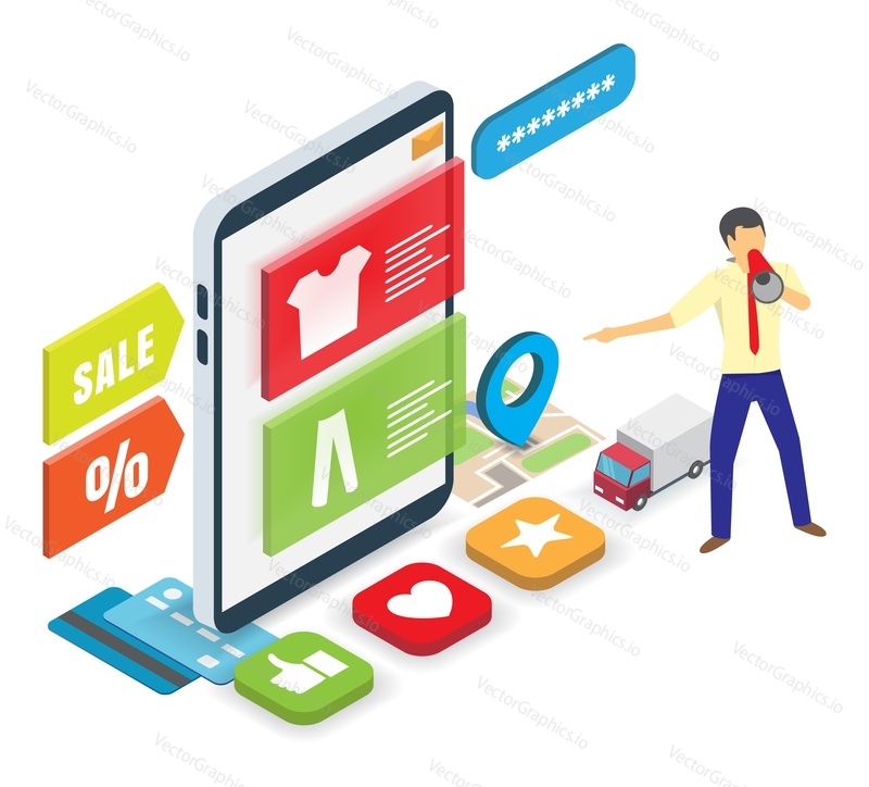 Вектор продвижения онлайн-распродаж магазина Shop store. Рынок мобильных телефонов предлагает скидки. разрешение на рекламу влиятельных лиц. Иллюстрация кампании интернет-маркетинга