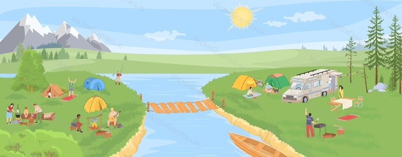 Summer camp in mountain valley at river bank vector illustration. Happy people tourists living in tents, travel trailers and camper vans, cooking and eating food outdoor, playing, talking each other