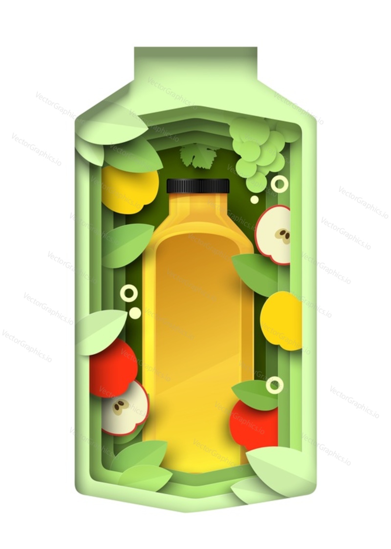 Papír řezané balení láhev s jablky, hrozny a realistické šťávy láhev, vektorové ilustrace. Mixed fruit juice drink branding maketa, reklama.