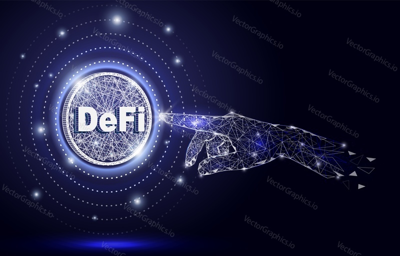 Прикосновение руки DeFi, низкополигональная каркасная сетка, векторная полигональная иллюстрация в художественном стиле. Децентрализованные финансовые токены, криптовалюта, технология блокчейн.