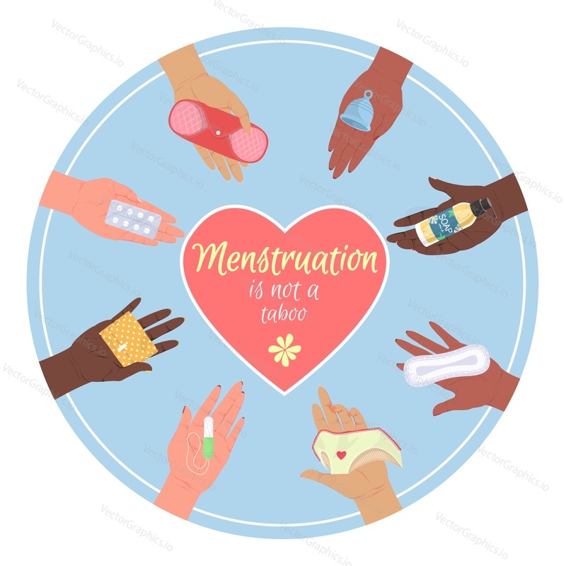Menstruace není tabu vektor. Ženské zdraví plakát s rukama drží tampon, podložky, hygienické ubrousky, Kalhotky, pilulky a antikoncepce