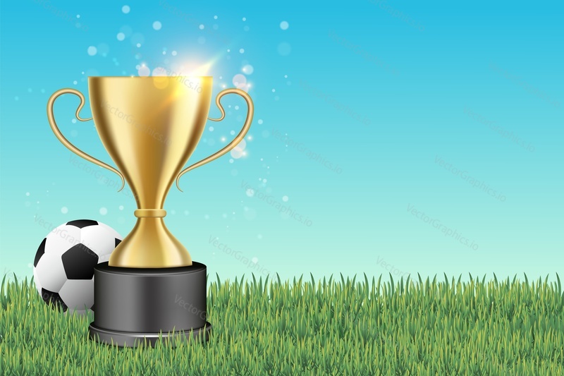 Soccer ball, football cup and green field, 3d vector illustration. Football championship, soccer tournament background.