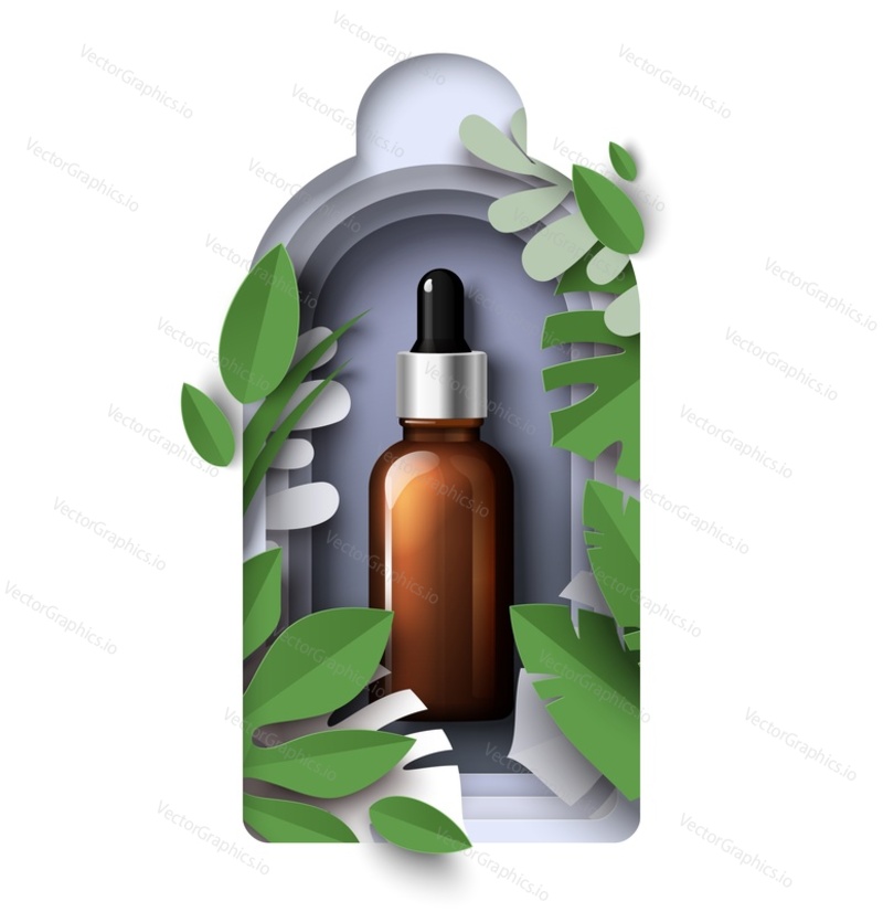Papírová kosmetická lahvička s kapátkem s tropickými listy, realistický éterický olej, skleněná lahvička se sérem s pipetou, vektorové ilustrace. Organický aromaterapeutický olej, maketa značky produktů péče o pleť, reklamy.