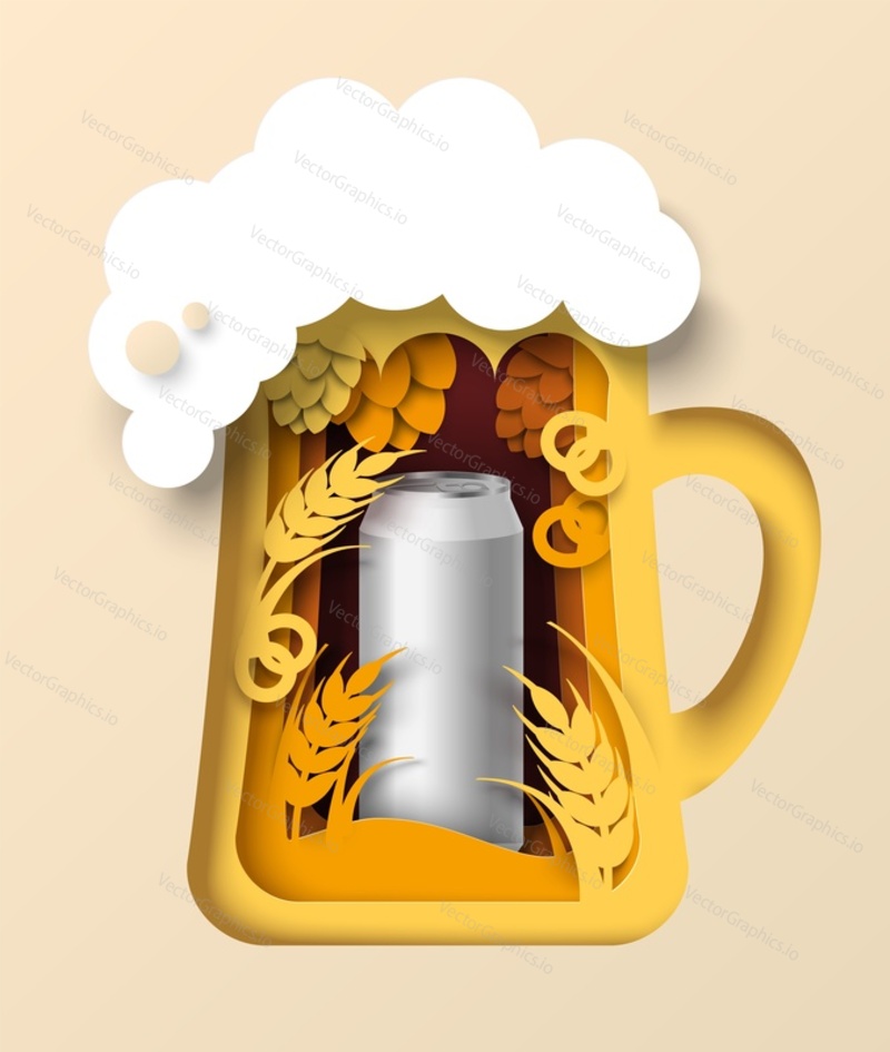 Papírový hrnek na pivo s pěnou, pšeničné uši, chmel a realistická hliníková plechovka, vektorové ilustrace. Alkohol nápoj značky maketa, reklama.