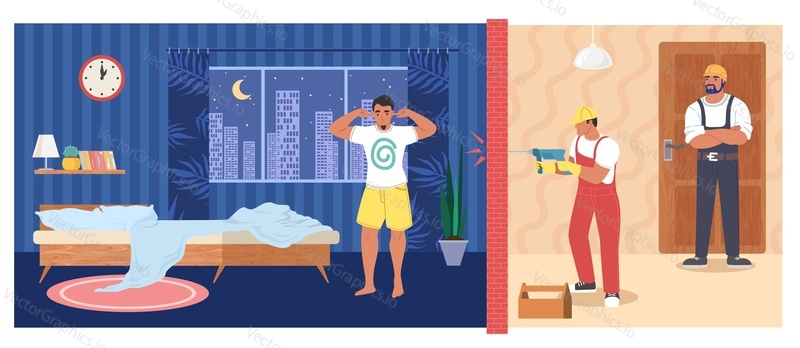 Young man can not fall asleep because of noise coming from neighboring apartment, flat vector illustration. Man drilling wall. Neighbor renovation noise.