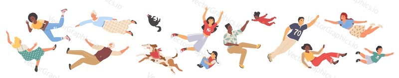 Flying people vector. Man and woman person floating in air. Hovering character illustration isolated on white background. Imagination, dreaming and inspiration concept